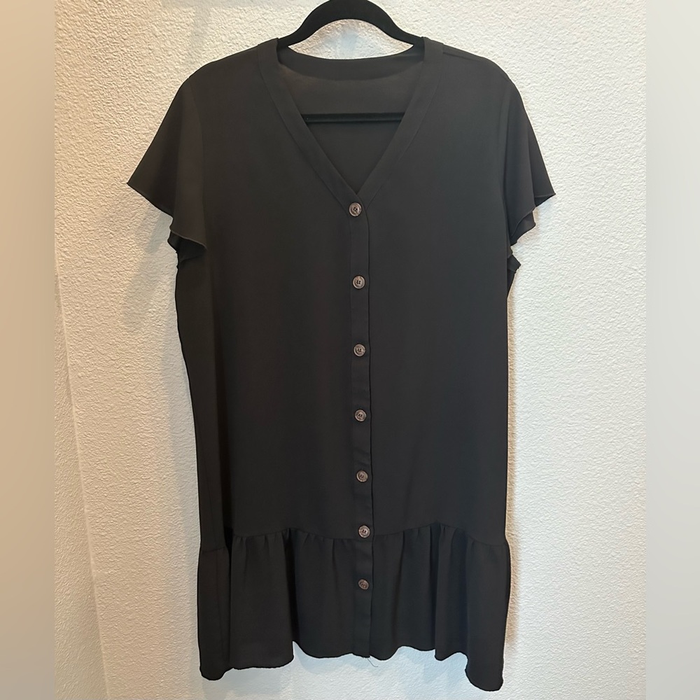Buttoned up Black Dress, Tunic, Shirt Dress, Ruffled bottom
